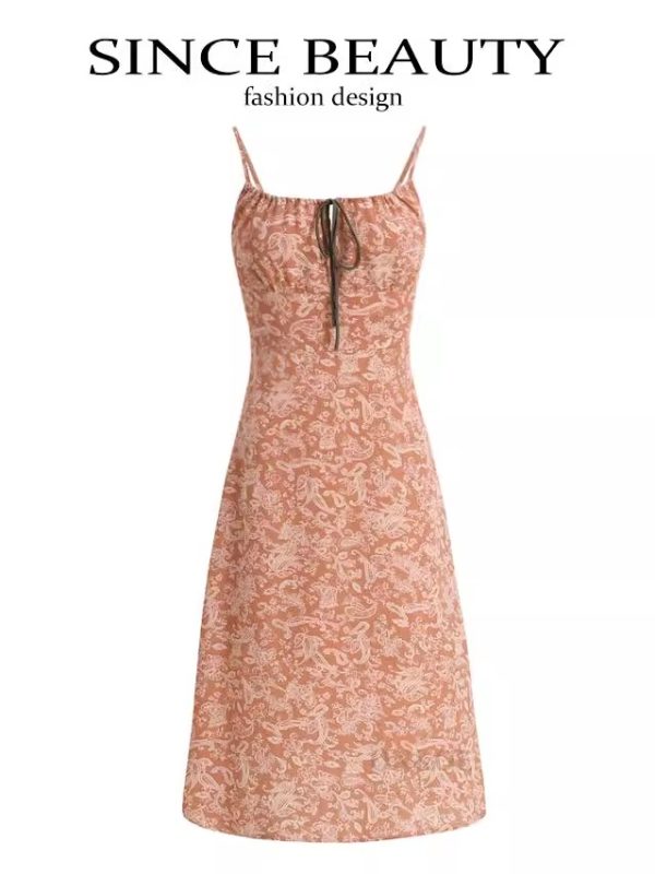 French-Style Orange Women's Dress with Straps, Printed, Elegant Vacation Look for Summer 2025