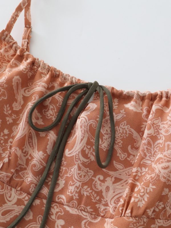 French-Style Orange Women's Dress with Straps, Printed, Elegant Vacation Look for Summer 2025