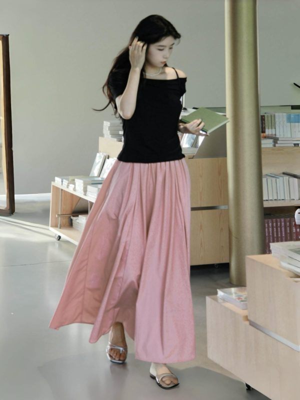 French-style Pink High-Waisted A-Line Midi Skirt, Luxury Pleated Casual Flared Skirt for Women, Spring Summer Fashion