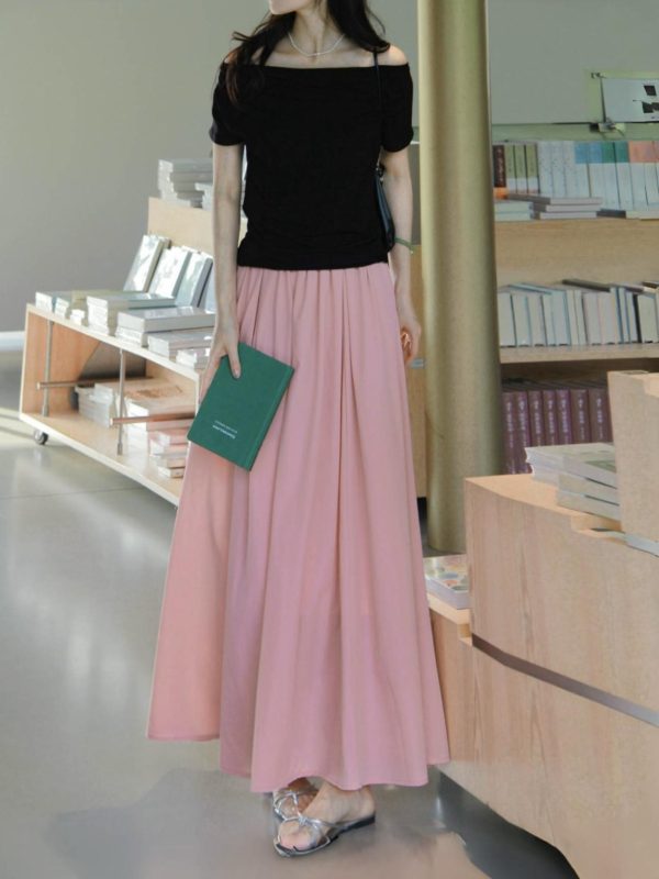 French-style Pink High-Waisted A-Line Midi Skirt, Luxury Pleated Casual Flared Skirt for Women, Spring Summer Fashion