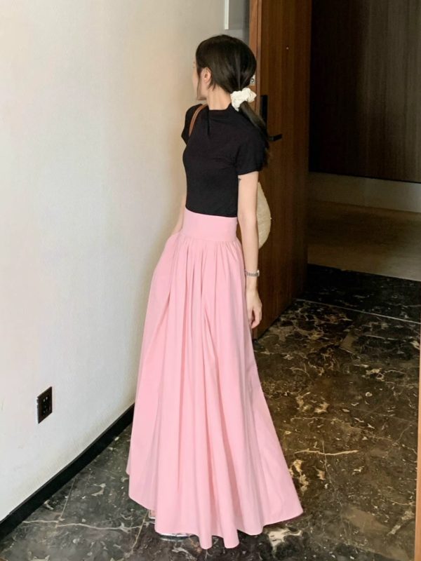 French-style Pink High-Waisted A-Line Midi Skirt, Luxury Pleated Casual Flared Skirt for Women, Spring Summer Fashion