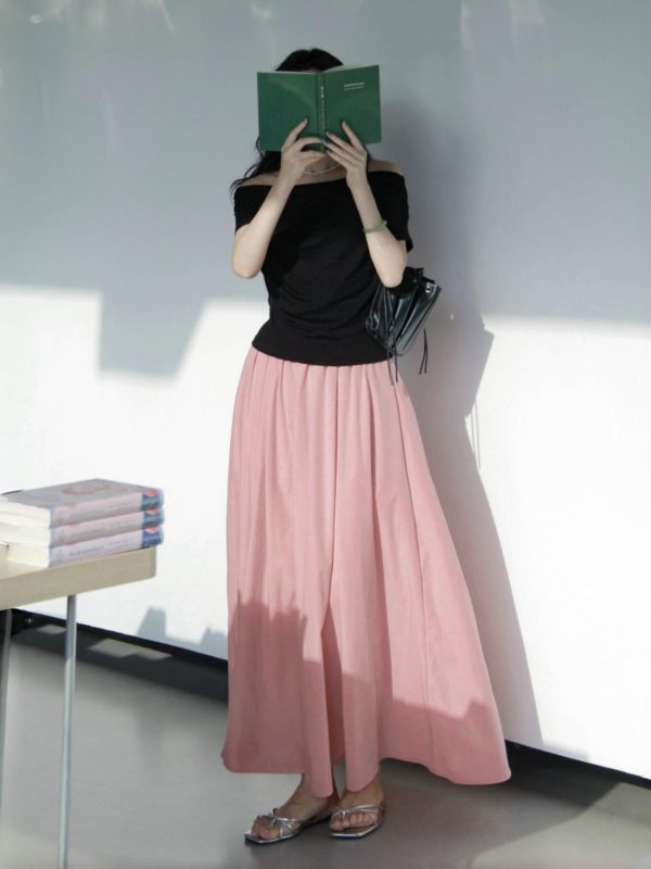 French-style Pink High-Waisted A-Line Midi Skirt, Luxury Pleated Casual Flared Skirt for Women, Spring Summer Fashion
