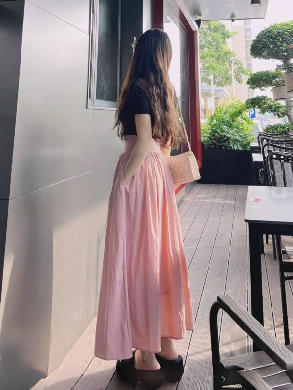 French-style Pink High-Waisted A-Line Midi Skirt, Luxury Pleated Casual Flared Skirt for Women, Spring Summer Fashion