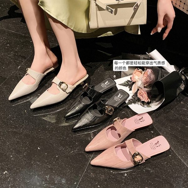 French Style Pointed Toe Kitten Heel Sandals for Women - Fashionable Closed Toe Half Slippers, Versatile 90s Inspired Footwear
