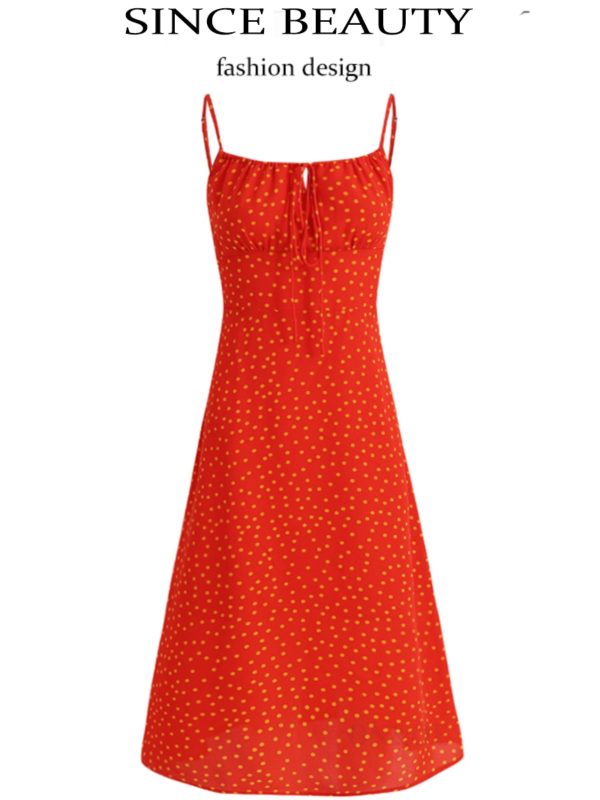 French Style Polka Dot Spaghetti Strap Long Red Dress for Summer 2025 - Vacation Essential, Slimming Fit for Women