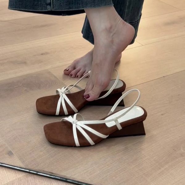 French Style Sheepskin One-Strap Wedge Sandals for Women - Open-Toe High-Heeled Square Toe Roman Sandals for Chic Outfits
