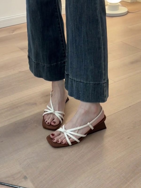 French Style Sheepskin One-Strap Wedge Sandals for Women - Open-Toe High-Heeled Square Toe Roman Sandals for Chic Outfits
