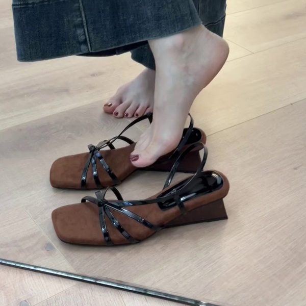 French Style Sheepskin One-Strap Wedge Sandals for Women - Open-Toe High-Heeled Square Toe Roman Sandals for Chic Outfits