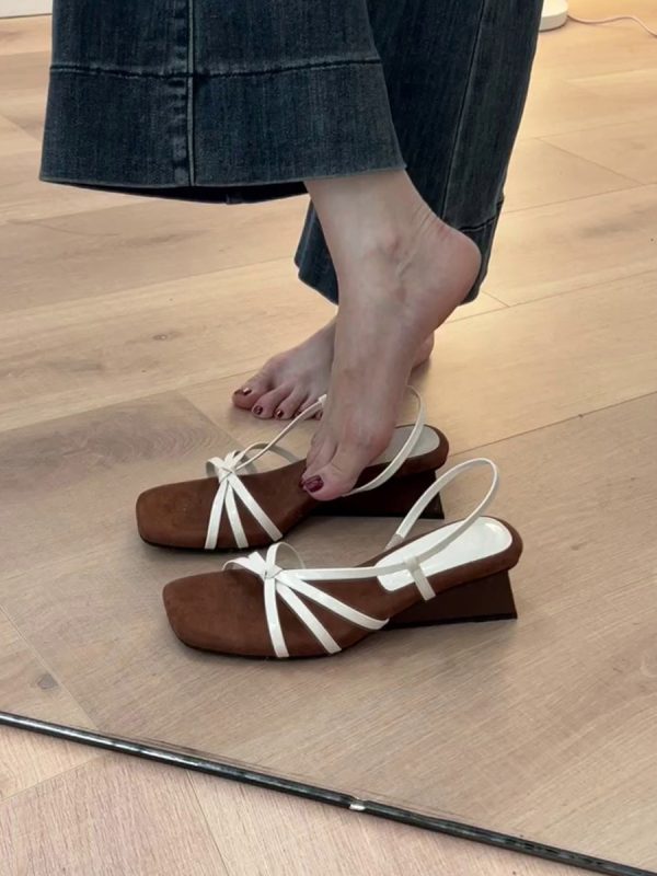 French Style Sheepskin One-Strap Wedge Sandals for Women - Open-Toe High-Heeled Square Toe Roman Sandals for Chic Outfits
