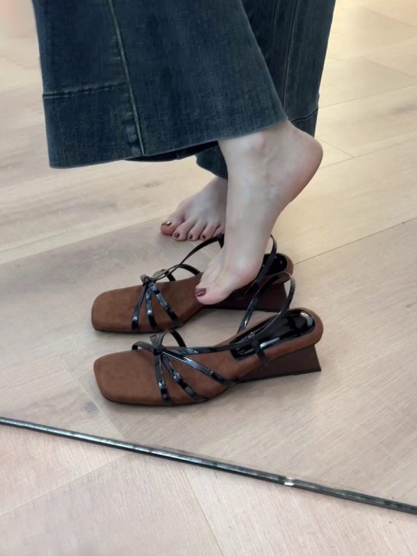 French Style Sheepskin One-Strap Wedge Sandals for Women - Open-Toe High-Heeled Square Toe Roman Sandals for Chic Outfits
