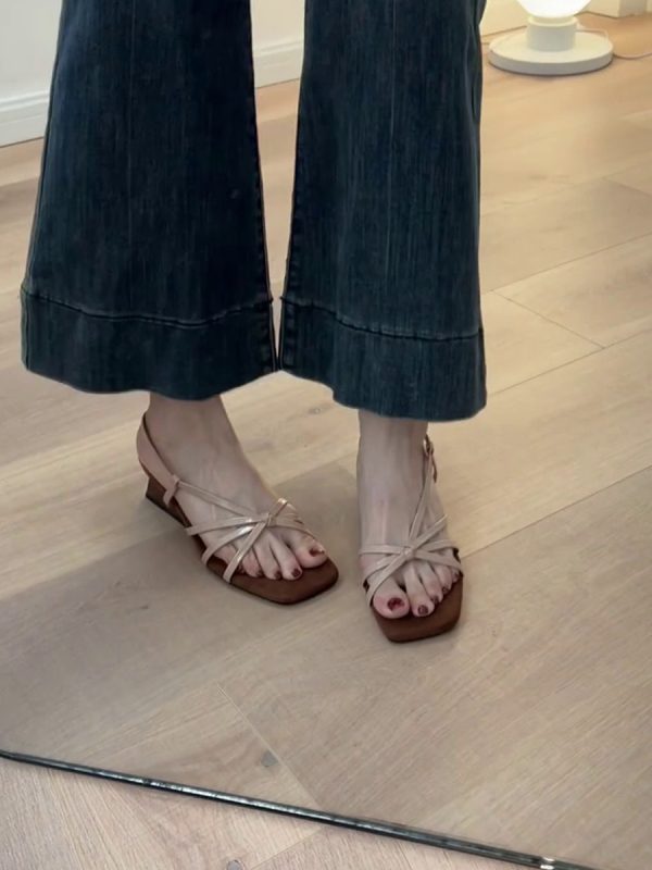 French Style Sheepskin One-Strap Wedge Sandals for Women - Open-Toe High-Heeled Square Toe Roman Sandals for Chic Outfits