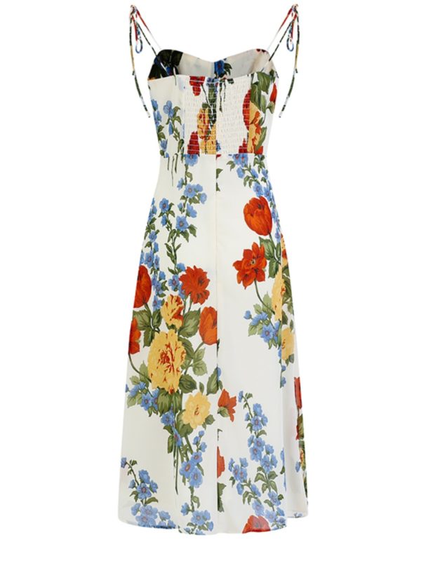 French-Style Sleeveless Printed Long White Dress for Women - Summer 2025 Slim Fit Vacation Fashion