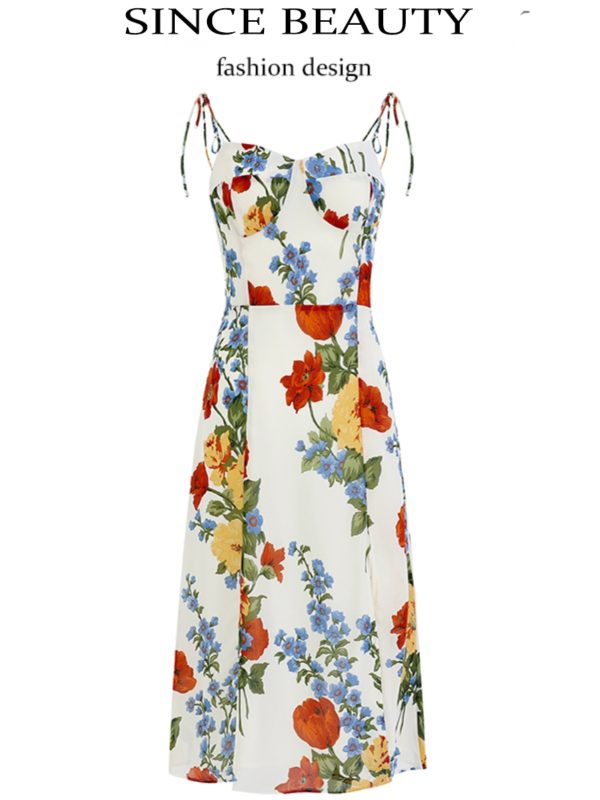 French-Style Sleeveless Printed Long White Dress for Women - Summer 2025 Slim Fit Vacation Fashion
