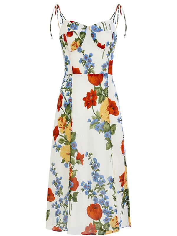 French-Style Sleeveless Printed Long White Dress for Women - Summer 2025 Slim Fit Vacation Fashion