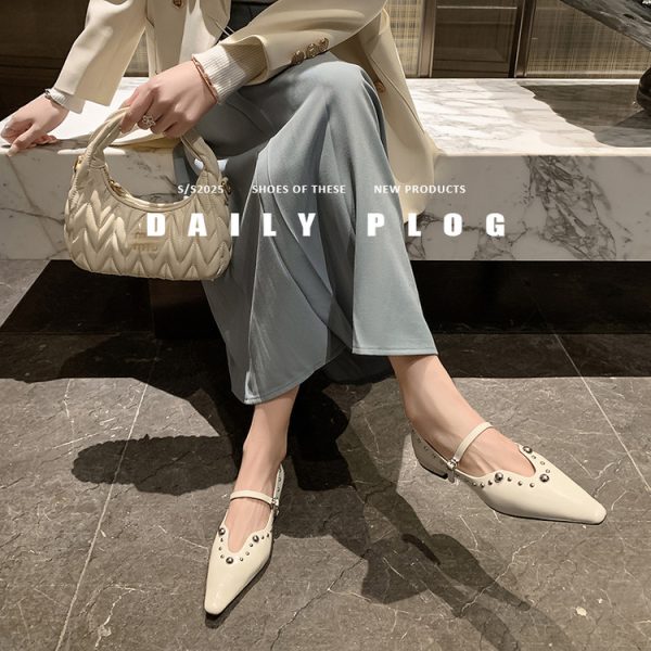 French-Style Studded Pointed Toe Stiletto High Heels Women's Genuine Leather Mary Jane Shoes - Chic Italian Fashion