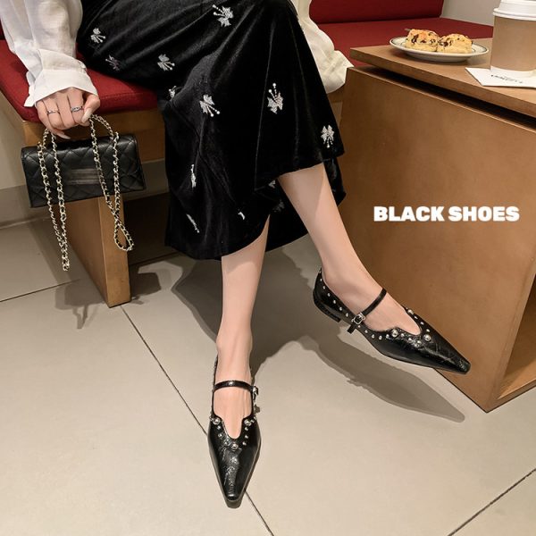 French-Style Studded Pointed Toe Stiletto High Heels Women's Genuine Leather Mary Jane Shoes - Chic Italian Fashion
