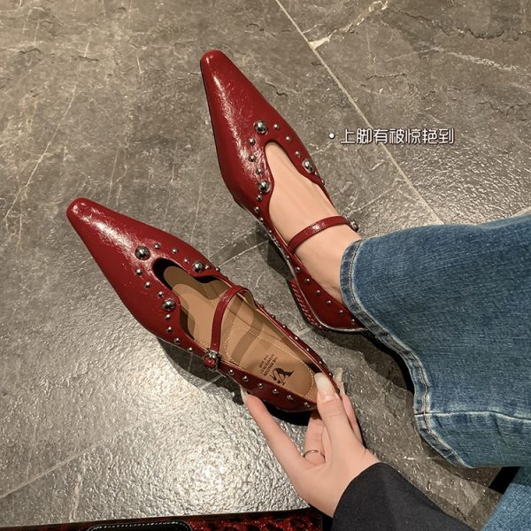 French-Style Studded Pointed Toe Stiletto High Heels Women's Genuine Leather Mary Jane Shoes - Chic Italian Fashion
