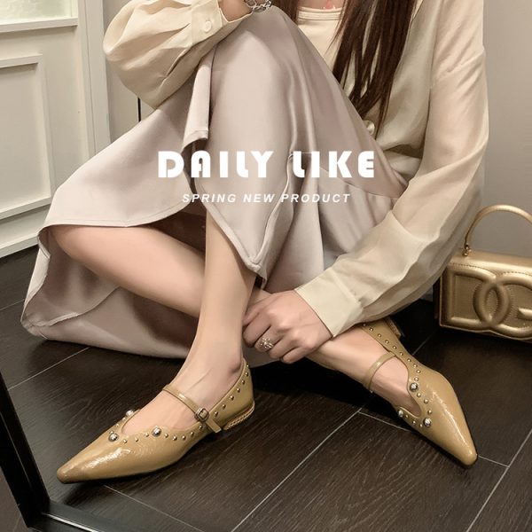 French-Style Studded Pointed Toe Stiletto High Heels Women's Genuine Leather Mary Jane Shoes - Chic Italian Fashion