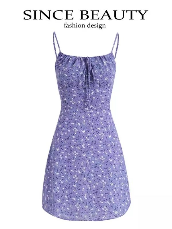 French Style Vacation Purple Spaghetti Strap Dress for Women - Petite Summer 2025 Fashion