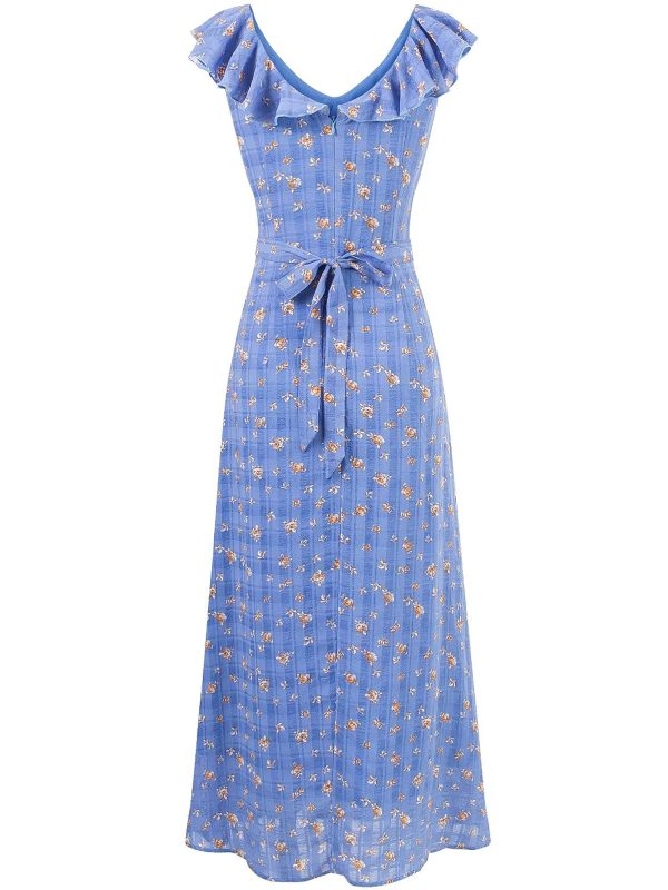 French Vintage Blue Floral Vacation Dress for Women - 2025 Summer Long Tea Break Style