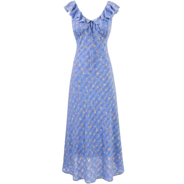 French Vintage Blue Floral Vacation Dress for Women - 2025 Summer Long Tea Break Style