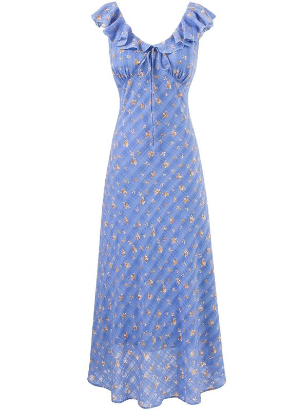 French Vintage Blue Floral Vacation Dress for Women - 2025 Summer Long Tea Break Style