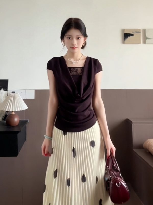 French Vintage Ruffled Collar T-Shirt for Women - Summer Lace Splicing, Waist-Cinching Slimming Short Sleeve Fitted Top