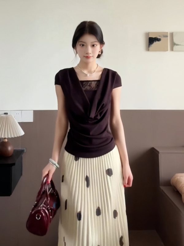 French Vintage Ruffled Collar T-Shirt for Women - Summer Lace Splicing, Waist-Cinching Slimming Short Sleeve Fitted Top