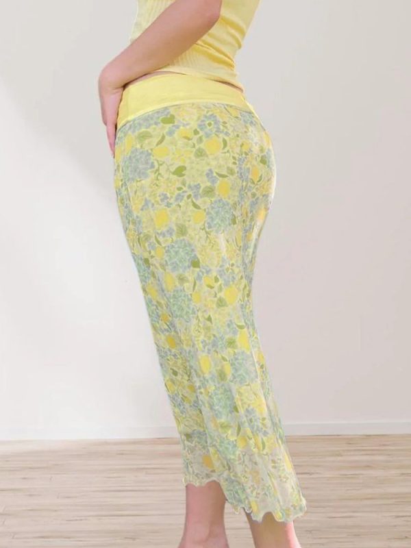 Fresh Dopamine Floral Bodycon Skirt - Women's Low Waist Lace-Up Mesh Straight Skirt - Trendy Y2K Style