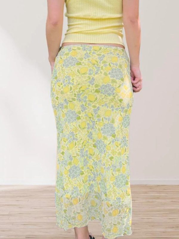 Fresh Dopamine Floral Bodycon Skirt - Women's Low Waist Lace-Up Mesh Straight Skirt - Trendy Y2K Style