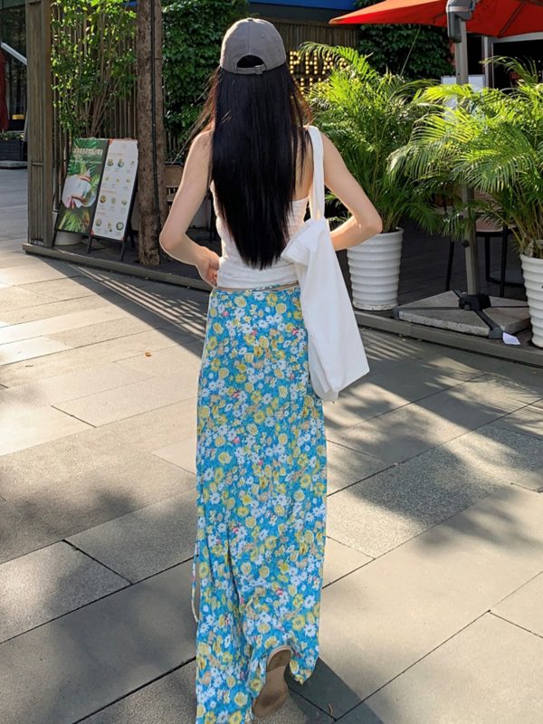 Fresh Floral Tie Low Waist Mid-Length Straight Skirt for Women - Beachy 90s Style Half Skirt
