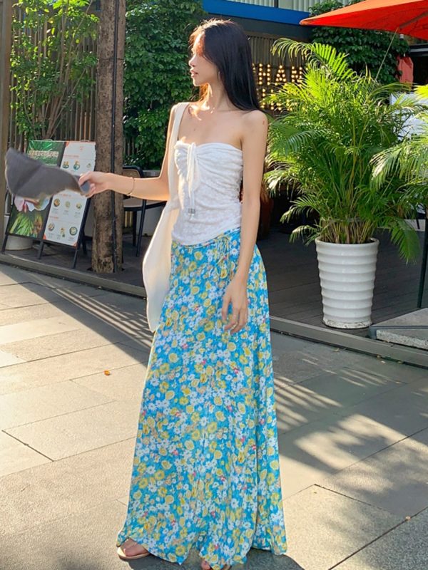 Fresh Floral Tie Low Waist Mid-Length Straight Skirt for Women - Beachy 90s Style Half Skirt