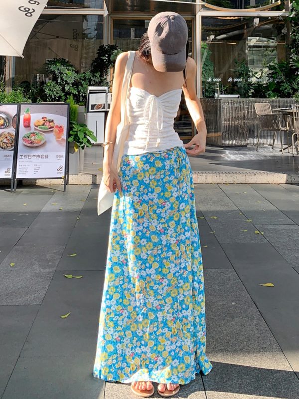Fresh Floral Tie Low Waist Mid-Length Straight Skirt for Women - Beachy 90s Style Half Skirt