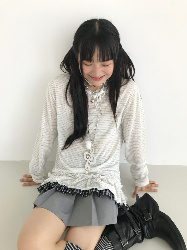 Freshwater Micro Long Lace Embroidered Sheer Striped Casual Layered Round Neck Loose Long Sleeve Top