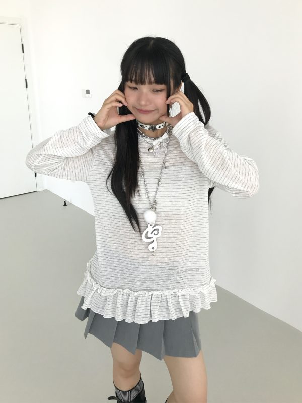 Freshwater Micro Long Lace Embroidered Sheer Striped Casual Layered Round Neck Loose Long Sleeve Top