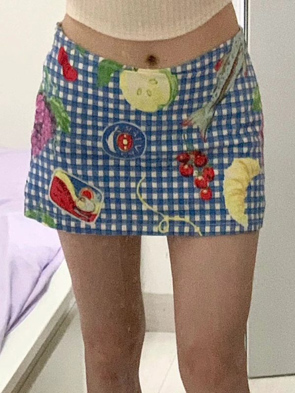 Fruit Picnic Dopamine Girl Plaid Mini Skirt for Women - Summer Low Waist Bodycon Style