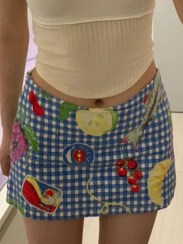 Fruit Picnic Dopamine Girl Plaid Mini Skirt for Women - Summer Low Waist Bodycon Style