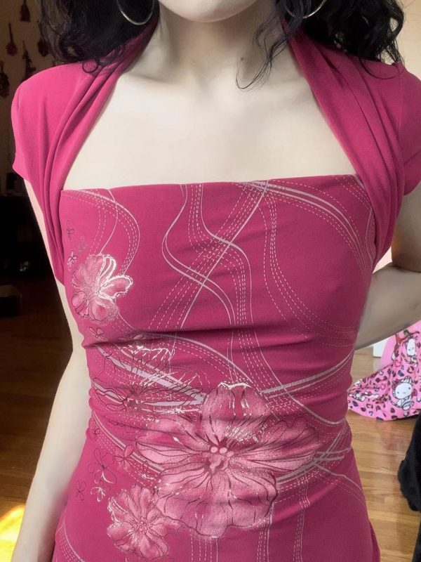 Fuchsia Floral Print Fake Two-Piece T-Shirt for Women, Retro Summer Top with Waist-Cinching Design and Shoulder Bag, Y2K Style