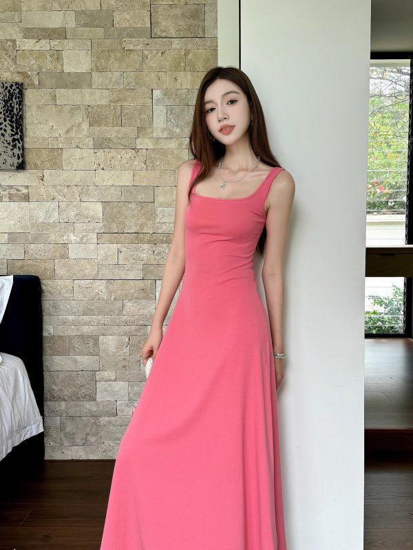 Fuchsia Waist-Defining Fitted Vest Dress with Flared Skirt for Tall Women | Light Cotton Summer Dress