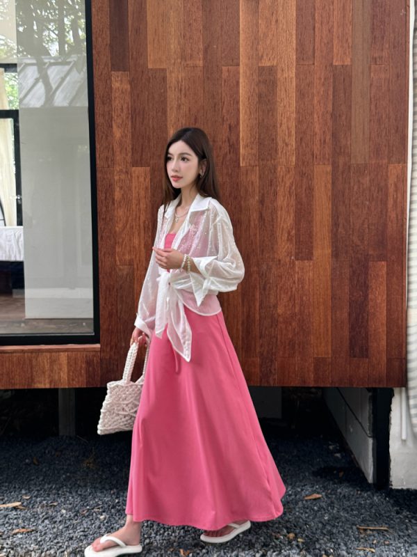 Fuchsia Waist-Defining Fitted Vest Dress with Flared Skirt for Tall Women | Light Cotton Summer Dress