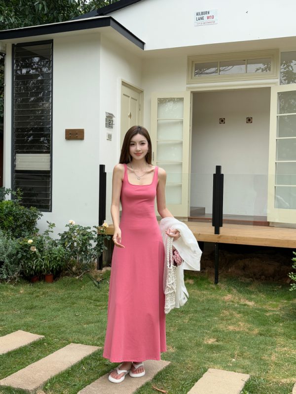 Fuchsia Waist-Defining Fitted Vest Dress with Flared Skirt for Tall Women | Light Cotton Summer Dress