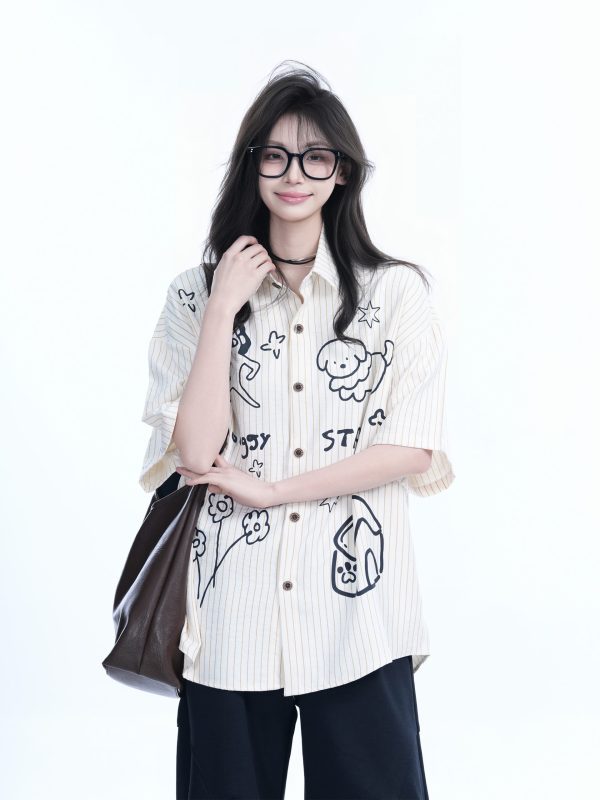 Fun Cartoon Doodle Dog Vertical Striped Short-Sleeve Shirt for Women, Loose Fit Trendy Top, Casual 90s Style