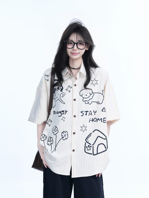 Fun Cartoon Doodle Dog Vertical Striped Short-Sleeve Shirt for Women, Loose Fit Trendy Top, Casual 90s Style