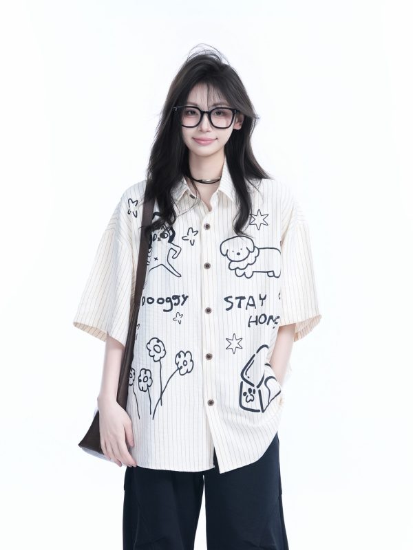 Fun Cartoon Doodle Dog Vertical Striped Short-Sleeve Shirt for Women, Loose Fit Trendy Top, Casual 90s Style