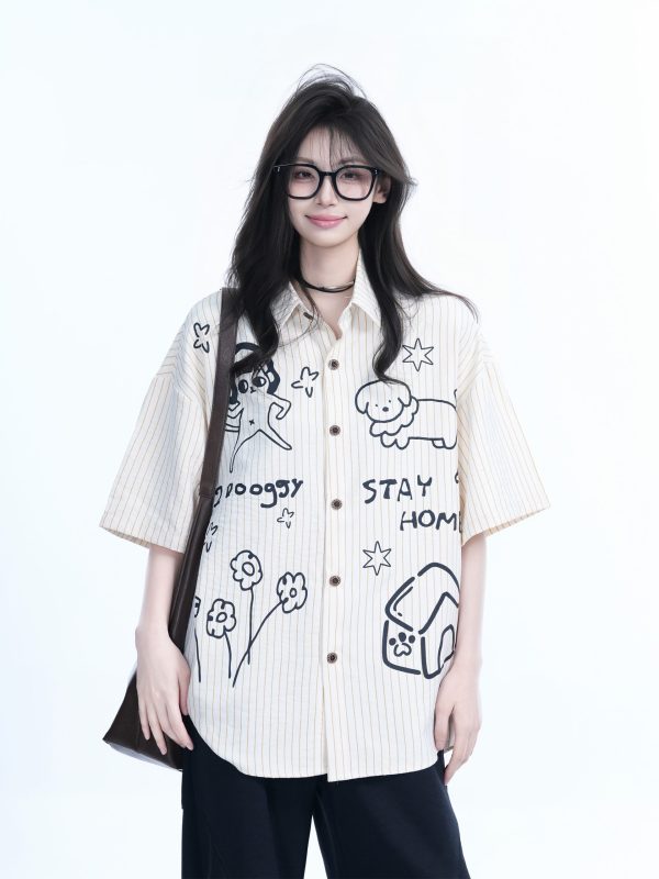 Fun Cartoon Doodle Dog Vertical Striped Short-Sleeve Shirt for Women, Loose Fit Trendy Top, Casual 90s Style