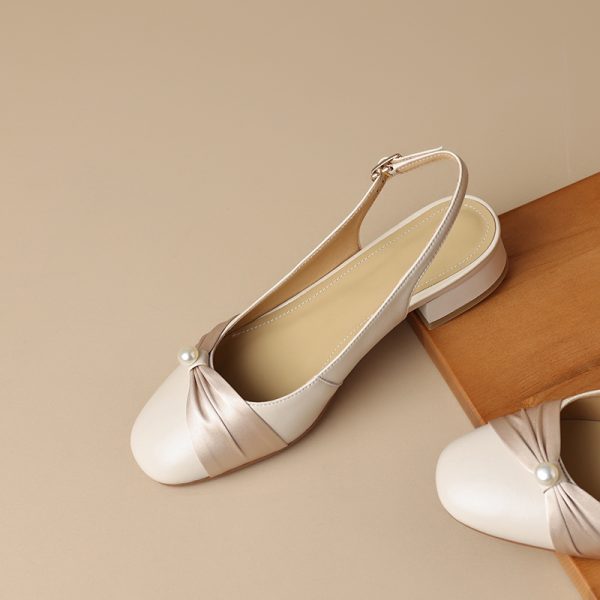Genuine Leather Backless Chunky Heel Sandals for Women - Bow Round Toe Low Heel Closed Toe Italian Style