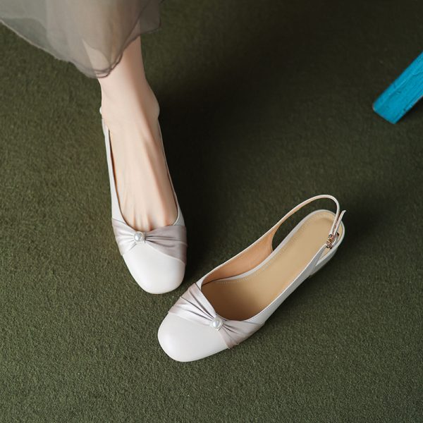 Genuine Leather Backless Chunky Heel Sandals for Women - Bow Round Toe Low Heel Closed Toe Italian Style