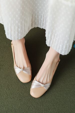 Genuine Leather Backless Chunky Heel Sandals for Women - Bow Round Toe Low Heel Closed Toe Italian Style