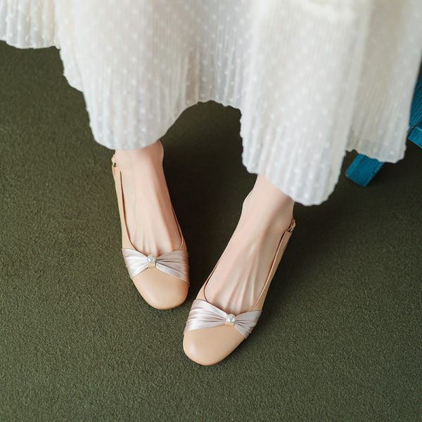Genuine Leather Backless Chunky Heel Sandals for Women - Bow Round Toe Low Heel Closed Toe Italian Style
