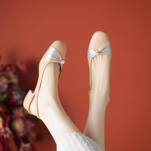 Genuine Leather Backless Chunky Heel Sandals for Women - Bow Round Toe Low Heel Closed Toe Italian Style